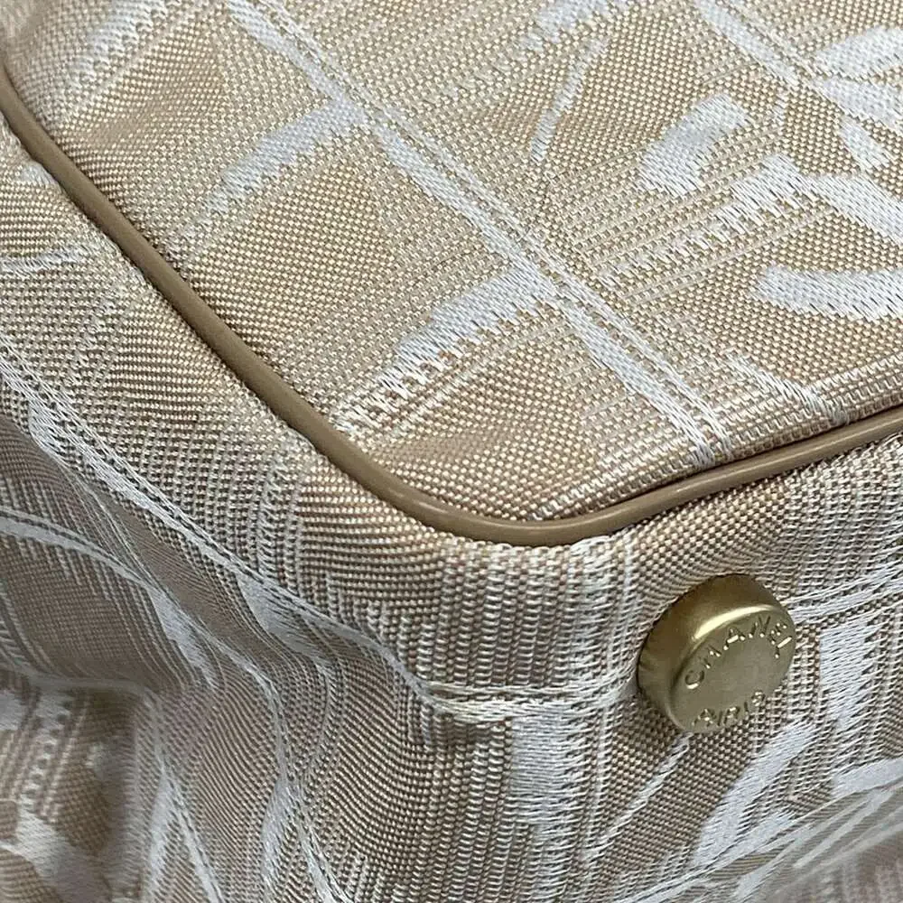 Chanel New Travel Line Tote MM Tote Bag Beige White Nylon Jacquard Leather